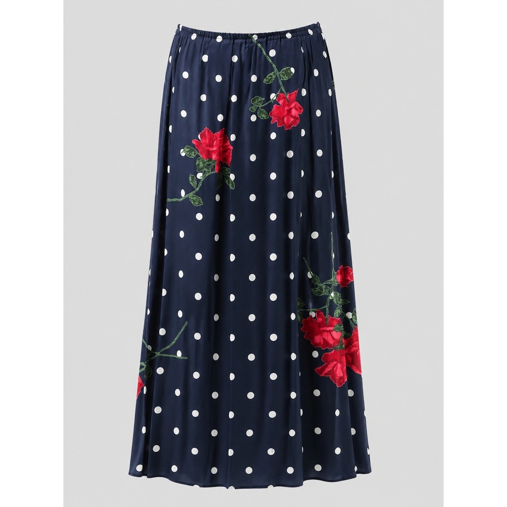 Vintage Love Navy Polka Dot Rose Floral Midi Skirt Womens‎ Small Boho 90s